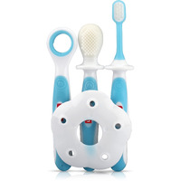 Luvlap Baby Training Manual Toothbrush Set For Kids With Anti Choking Shield,Teeth Tongue Cleaner,Baby Oral Hygiene,3 Pcs,(White/Blue)