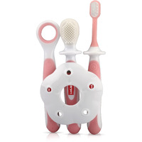 Luvlap Baby Training Manual Toothbrush Set With Anti Choking Shield, Teeth Tongue Cleaner, Baby Oral Hygiene, 3 Pcs, (White/Pink)