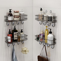 Plantex Self-Adhesive Bathroom Accessories Multipurpose Bathroom Shelf With Hooks/Towel Holder/Rack - Gi Steel - Pack Of 4 (Black,Powder Coated)