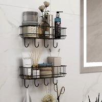 Plantex Gi Steel Self-Adhesive Multipurpose Bathroom/Kitchen Shelf With Hooks/Towel Holder/Rack/Bathroom Accessories - Wall Mount - Pack Of 2 (Black,Powder Coated)