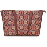 Zouk Jodhpur Damask Motif Printed Jute Handcrafted Vegan Leather Women's Brown Structured Tote Bag