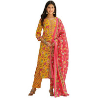 Vaamsi Women's Pure Cotton Printed Kurta Pant Dupatta Set (Vkskd1241_S_Yellow)
