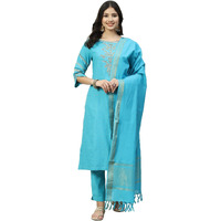 Biba Women Yarndyed Narrow Salwar Kurta Dupatta(Skdassorted6533E_Turquoise_34)