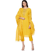 Biba Cotton Women Yarndyed Narrow Salwar Kurta Dupatta(Skdassorted6533E_Yellow_32)