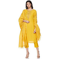 Biba Cotton Women Yarndyed Narrow Salwar Kurta Dupatta(Skdassorted6533E_Yellow_38)