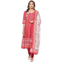 Biba Women Printed Fitted Salwar Kurta Dupatta(Skdassorted8618_Red_32)