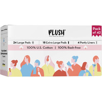 Plush Ultra-Thin Sanitary Pads For Women, 42 Pcs | Super Saver Pack | 24 L (Light Flow), 18 Xl (Medium Flow), 4 Panty Liners | 100% Rash-Free | Pure U.S. Cotton Pads | Affordable Sanitary Napkins