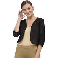 Style Quotient Women Black Cotton Self Design Lace Crop Open Front Shrug