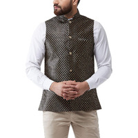 Sojanya (Since 1958 Men's Silk Blend Black & Gold Self Design Nehru Jacket, Size: 38