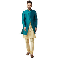 Sojanya (Since 1958, Men's Silk Blend Gold Kurta Churidaar Pyjama & Peacock Blue Jacket Combo, Size: 42