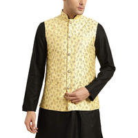 Sojanya (Since 1958, Mens Silk Blend, Lemon Yellow & Gold Embroidered Nehru Jacket, Size: 42