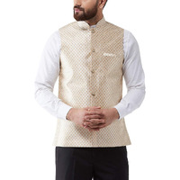 Sojanya (Since 1958 Men's Silk Blend Beige & Gold Self Design Nehru Jacket, Size: 42