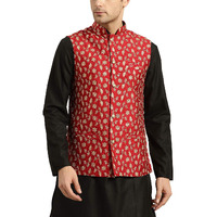 Sojanya (Since 1958, Mens Silk Blend, Red & Gold Embroidered Nehru Jacket, Size: 44