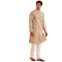 Sojanya (Since 1958 Men's Cotton Linen Cream & Multi Print Kurta & White Churidar Pyjama Set
