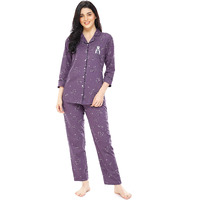 Zeyo Women's Cotton Bear Printed Pajama Set Night Suit Set Of Shirt & Pyjama 5270 (Purple 4Xl)