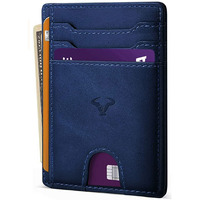 Contacts Genuine Leather Slim Wallet | Rfid Blocking Skinny Minimal Thin Front Pocket Wallet Sleeve Card Holder For Men | 7 Card Slots, 1 Id Window (Blue)