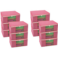 Homestrap Set Of 12 Non-Woven Printed Saree Cover/Cloth Storage/Organizer With Transparent Window (Pink), 33.5X22 Cm