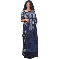 Jalther Handicrafts Women's Ikat Hand Block Print Jaipuri Cotton Mulmul Saree With Blouse Piece - Blue_49