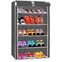Flipzon Multipurpose 5 Shelves Shoe Rack With Zip Door Cover & Side Pockets, Multiuse Storage Rack For Footwear, Toys, Clothes With Dustproof Cover (5 Shelves) (Black, Plastic)