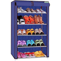 Flipzon Multipurpose 5 Shelves Shoe Rack With Zip Door Cover & Side Pockets, Multiuse Wide Shelve Storage Rack For Footwear, Toys, Clothes With Dustproof Cover (5 Shelves) (Blue)