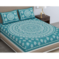 Colorish Cotton Blend Traditional Mandala Jaipuri Printed Bedsheet For Double Bed King Size With 2 Pillow Covers, Sea Green| H603 | 120 Tc