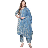 Anubhutee Women Blue Floral Printed Pure Cotton Kurta With Trousers & Dupatta