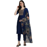 Vredevogel Women's Embroidered Cotton Silk Blend Kurta Pant And Dupatta Set, Blue, 3Xl