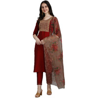 Vredevogel Women's Embroidered Cotton Silk Blend Kurta Pant With Dupatta Set, Maroon Small