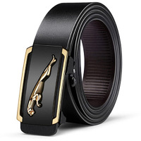 Gustave Belts For Men Black Leather Mens Belt Adjustable Fashion Gold Leopard Pattern Buckle Belt - 130Cm Length, No Punch Hole