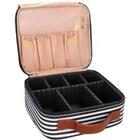 Inovera (Label) Faux Leather Makeup Organizer Bag For Women, Girls & Bride - Travel Cosmetic Kit Storage Organiser - Toiletry Vanity Box With Compartment, 26L X 23B X 9H Cm Black & White Strap