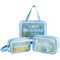 Flyngo Clear Makeup Pouch Set, Cosmetic Organizer Bag For Women And Girls Travel Waterproof Toiletry Storage Kit (Set Of 3 Light Blue)
