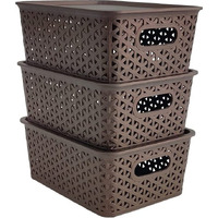 Homestrap Set Of 3 Plastic Storage Organizers/Baskets With Lid For Kitchen, Clothes, Multipurpose Vegetables, Toys, Books, Office, Stationery, Wardrobe (Small|Brown) Rectangular