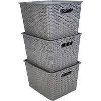 Homestrap Set Of 3 Plastic Storage Organizers/Baskets With Lid For Kitchen, Clothes, Multipurpose Vegetables, Toys, Books, Office, Stationery, Wardrobe(Large | Grey, Rectangular)