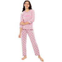 Zeyo Women's Cotton Star Printed Pink Stylish Night Suit Set Of Top & Pajama Set 5618