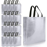 Drapme Medium Size Pack Of 10 Pcs Glossy Metallic Laminated Non-Woven Reusable Eco-Friendly Party Return Gift Bags (Silver) (Medium 12X13X4 Inch)