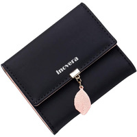 Inovera (Label) Faux Leather Girl's Fashion Card Coin Holder Ladies Small Metal Leaf Purse Women's Wallet (Black)