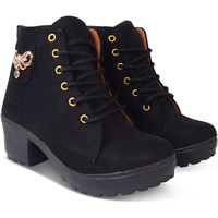 Krafter High Ankle Suede Boots For Women 4-Black-Uk-4