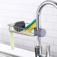 Puji Kitchen Sink Caddy Organizer Over Faucet Sponge Holder, Stainless Steel Heavy Duty Thickening Hanging Faucet Drain Rack For Scrubbers, Soap, Bathroom, Detachable No Suction Cup Or Magnet