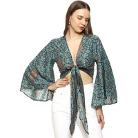 Ke Kanha ExportswomenS And Girls/Ladies Wrap Around Tops Beach Wear Tunic Top V Neck Silk Casual Sleeve Printed Top Relaxed Fit Free Size (Forest Green -2912)