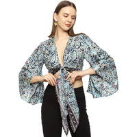 Ke Kanha ExportswomenS And Girls/Ladies Wrap Around Tops Beach Wear Tunic Top V Neck Silk Casual Sleeve Printed Top Relaxed Fit Free Size (Blue Sea-2912)