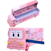 Famous Quality 2 In 1 - Cartoon Printed School Bus Metal Pencil Box With Moving Tyres And Sharpener For Kids | Geometry Box (Color-Pink)