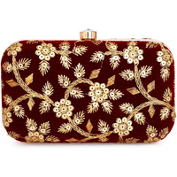 Tooba Women Handicraft Hand Embroidered Box Clutch Bag Purse For Bridal, Casual, Wedding (Maroon Flower)