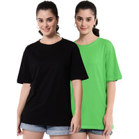 Funday Fashion Cotton Half Sleeve Printed Oversized T-Shirt For Womens/Girls (Pack Of 2) (Medium, Black, Light Green)