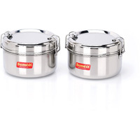 Sumeet Stainless Steel Meal Pack Lunch Box/Tiffin With Steel Separator Plate And Locking Clip, Set Of 2Pc, 300Ml Each, 11.5Cm Dia, Silver
