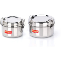 Sumeet Stainless Steel Meal Pack Lunch Box/Tiffin With Steel Separator Plate And Locking Clip, Set Of 2Pc, 250Ml & 300Ml, 9.5Cm & 11.5Cm Dia, Silver