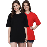 Funday Fashion Cotton Half Sleeve Printed Oversized T-Shirt For Womens/Girls (Pack Of 2) (Xxx-Large, Black & Red)