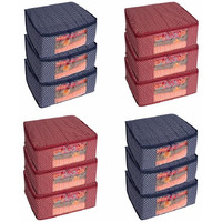 Homestrap Combo Of 12 Cotton Quilted 3 Layered Foldable Saree Covers/Clothes Storage Bag/Wardrobe Organizer With Transparent Window And Zip For Dress(Maroon & Navy Blue)(Featured On Shark Tank)