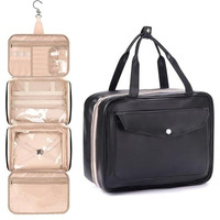 Sittella Waterproof Pu Leather Foldable Toiletry Kit Bag With Hanging Hook, Travel Storage Organizer, Vanity Make Up Organizer Bag For Women, Full Size Container For Toiletries, Black - 10 Cm