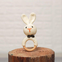 Sycamore East Baby Rattle For Newborn, Crochet Bunny Rattle Toy Natural Wool, Music Shaker Rattle For Hand Grips, Boy Girl First Rattle Gift Rabbit 1 Pcs Combo, Wood