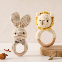 Sycamore East Baby Rattle For Newborn, Crochet Bunny Rattle Wood Toy Natural Wool, Music Shaker Rattle For Hand Grips, Boy Girl First Rattle Gift Lion+Rabbit 2 Pcs Combo